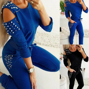 

Autumn 2020 casual suit women sexy nail beads solid round neck long sleeve + trousers 2-piece set