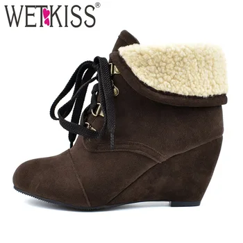 

WETKISS Flock Boots Women Wedges High Heels Ankle Booties Female Round Toe Shoes Ladies Warm Rivet Shoes Winter Plus Size 34-48