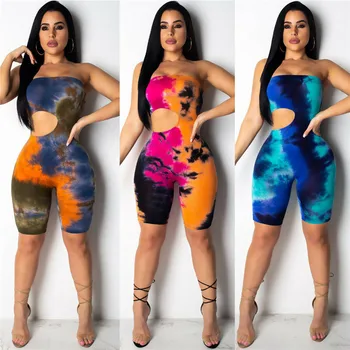 

Women Strapless Off Shoulder Jumpsuit Tie Dyeing Sexy Bandeau Bodysuit Jumpsuits Rompers 2019 Summer Colorful Holes Bodysuit