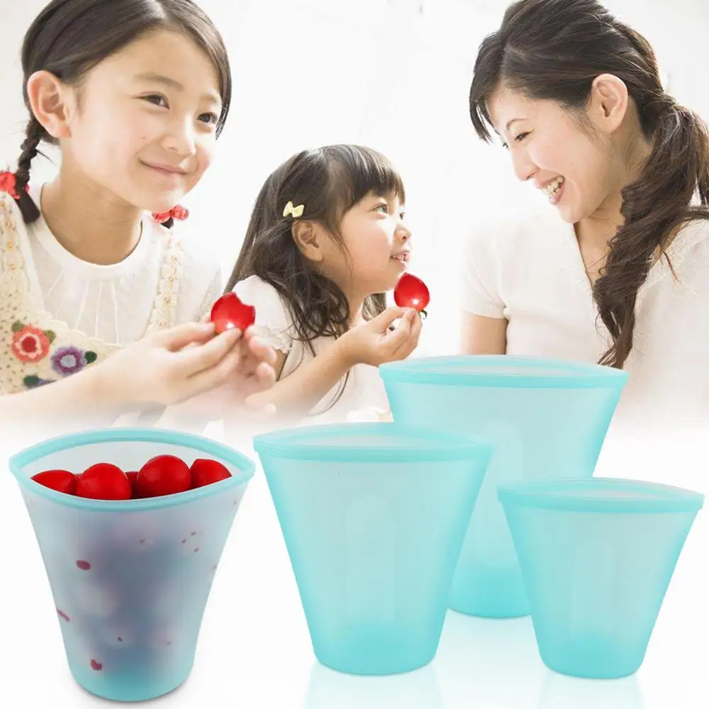 8Pcs Silicone Food Storage Bag Fresh Bowl Fridge Organizer Reusable Stand Up Zips Shut Bag Fruit Vegetable Cup Bag With Seal