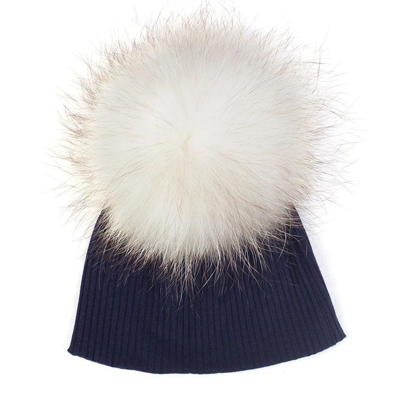 Осень Зима Девочки Мальчики Дети милый хлопок шапка с черепами Новорожденный ребенок зима сплошной цвет шапки с гофрированной резинкой шапки с натуральным меховым помпоном - Color: navy white