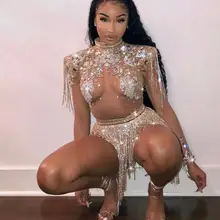 Блестящие большие кристаллы сетки сексуальное боди блестящие стразы цепи бахрома наряд ночной клуб праздничная одежда прозрачный костюм