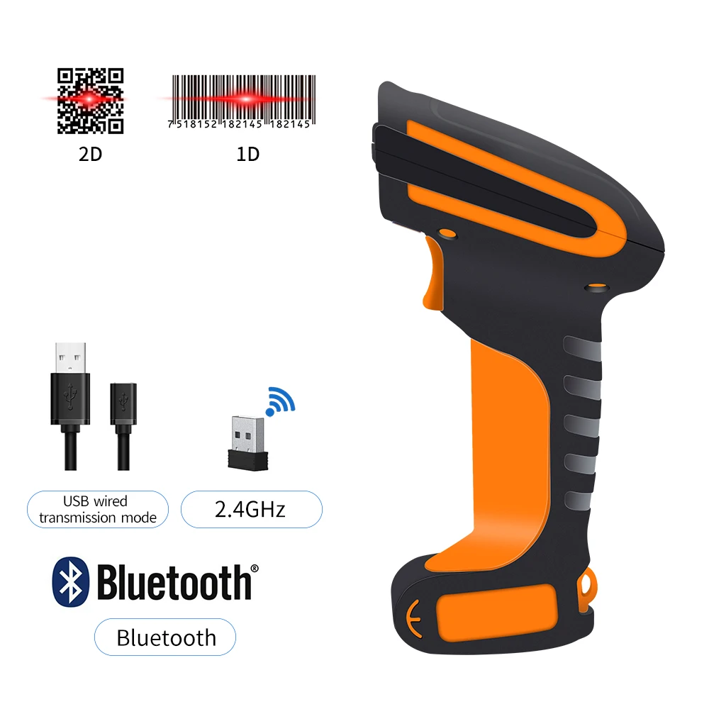 1D 2D промышленный беспроводной Bluetooth сканер штрих-кода, Водонепроницаемый Анти-шок Bluetooth ридер с 16 м места для хранения - Цвет: Orange