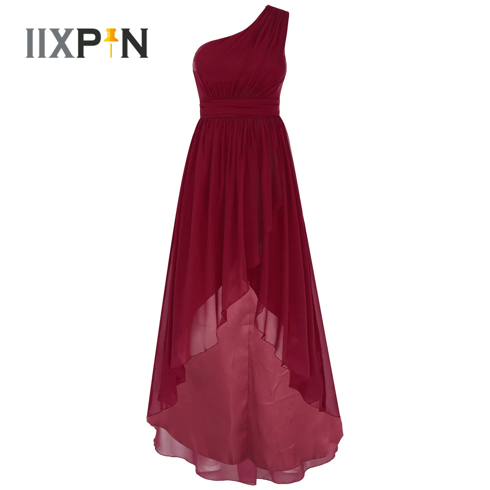 

Women‘s One Shoulder Irregular High Low Pleated Chiffon Dress Wedding Party Long Dresses Ladies Formal Banquet Evening Gown