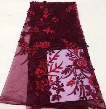 

3D Lace Fabric 2019 High Quality African French Swiss Lace Fabric With 3D Flower,Stones&Beads For Nigerian Wedding Dress red