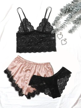 

New 3pcs Female Sexy Nightwear Lace Floral Lingerie V-Neck Sling Thin Straps Vest Top+High waist Satin Silk Sleeping Shorts