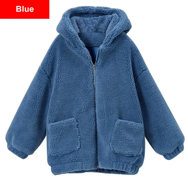 Blue Элегантное мохнатое Женское пальто с капюшоном размера плюс, пальто из искусственного меха, 4Xl, 5Xl, 6Xl, уличная одежда, зимнее теплое плюшевое пальто, пальто - Цвет: Blue
