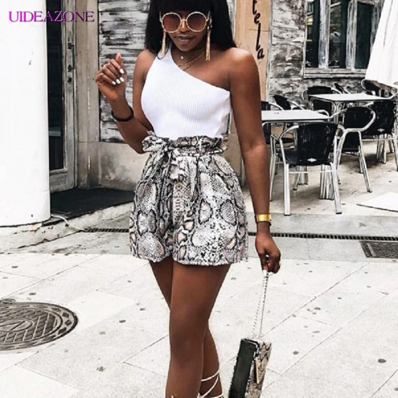

UIDEAZONE Women Shorts Bow Tie Belt Snake Print Shorts Animal Pattern Elastic Paperbag Waist Pockets Female Chic Shorts