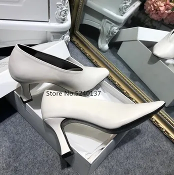 

European Retro Square Toe White Women High Heels Shallow Thin Heel Slip-on Spring/Autumn Pumps Femme