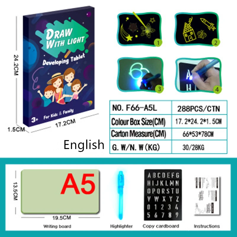 А3 А4 А5 Волшебная светящаяся доска для рисования с светильник-забавная доска для эскизов флуоресцентная ручка Русский Английский светильник для рисования детская игрушка рисуем светом А3 - Цвет: English A5