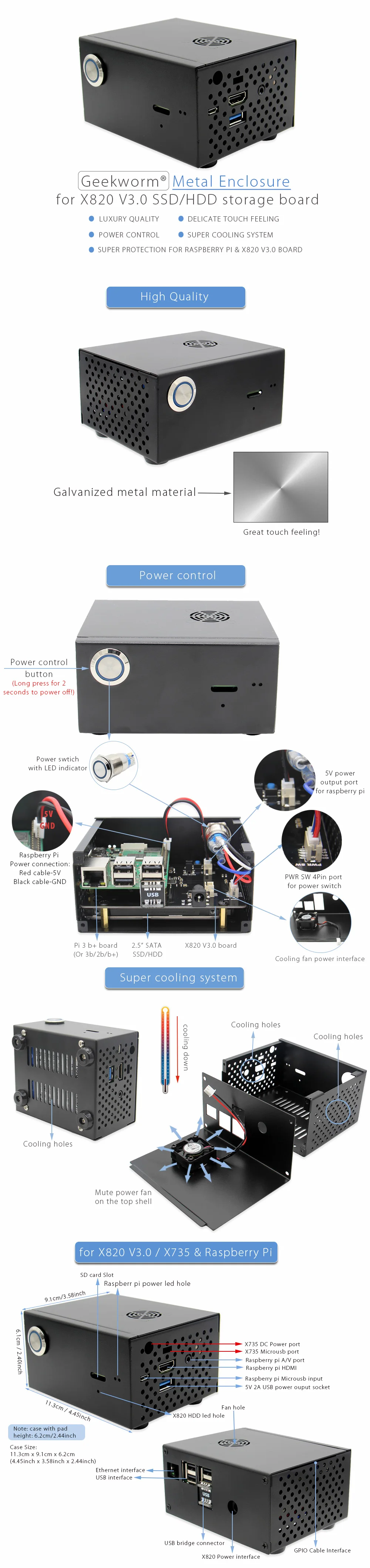 Raspberry Pi X820 V3.0 SSD и HDD SATA плата запоминающего устройства с металлическим корпусом комплект, X820 плата+ Корпус+ выключатель питания+ охлаждающий вентилятор комплект