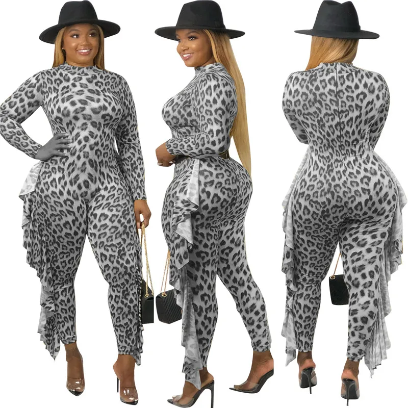 Gold Silver Leopard Print Ruffle Jumpsuit Turtleneck Long Sleeve Bodysuit Casual Skinny Romper Night Club Party Overalls Outfit