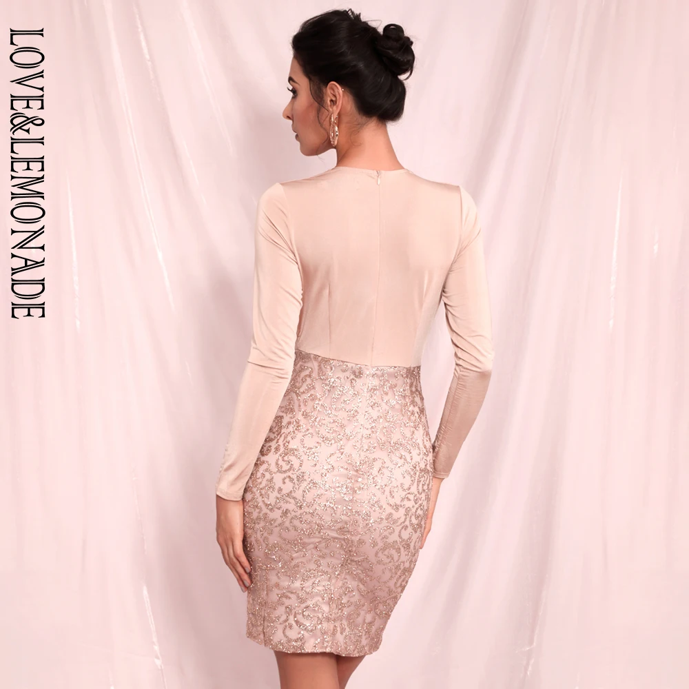 LOVE& LEMONADE сексуальные открытые с глубоким v-образным вырезом Bodycon с наклеенными блестками бисером с длинными рукавами вечерние мини-платья LM10023
