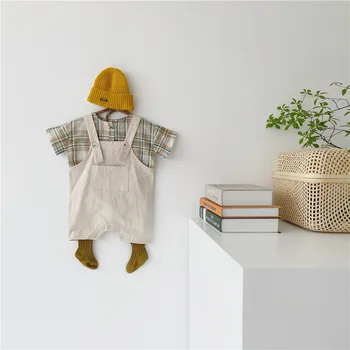 

2020 Korea Girls Clothes Baby Girl Boy Bodysuit Summer Girls Pattern Grid Outfits Two-piece Short Sleever Cloth + Overall