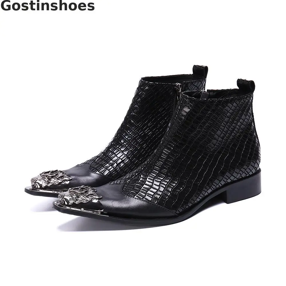 

Men Ankle Boots Black Genuine Leather Wing Tip Metal Capped Toe Side Zip Short Boots Fashion Men Work Boots Gingham Printed