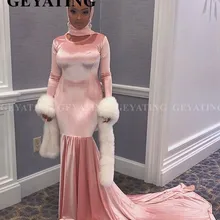 Мусульманское розовое бархатное платье русалки с длинным рукавом для выпускного вечера для черных девочек, большие размеры, платье для выпускного вечера в африканском стиле, Длинные вечерние платья