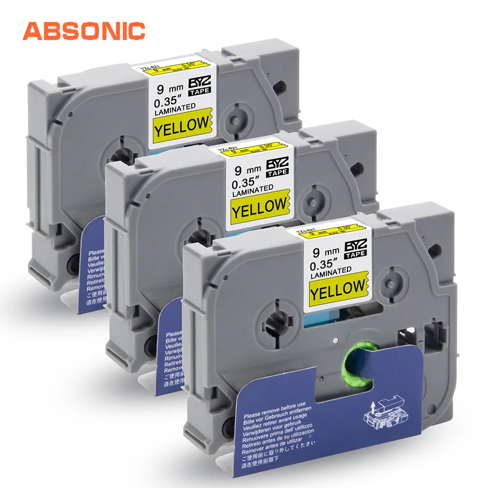 Absonic 3 шт. TZe-621 TZ-621 ламинированные клейкая лента Brother P-touch cube PT-D210 PT-H110 PT-D600 PT-D700 машины для ярлыков 9 мм черный на желтом цвете