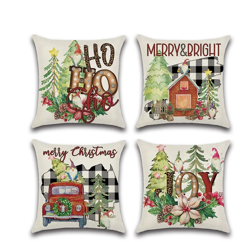 

45*45 Linen Pillow Cushion Cover White Black Plaid Christmas Tree Truck Throw Pillowcase Xmas Ornaments Natal Navidad 2022