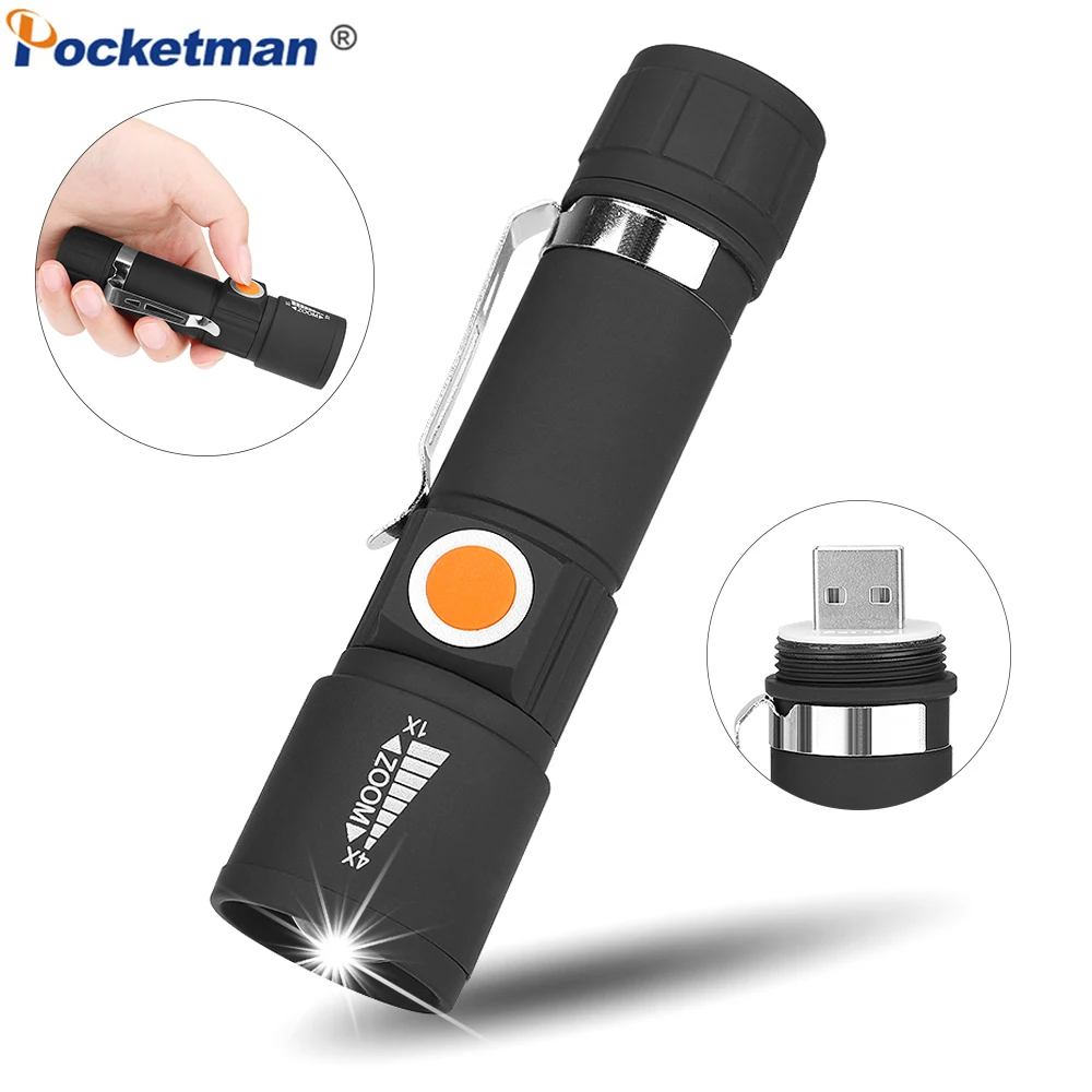Cauda usb lanterna zoom portátil led tocha à prova dwaterproof água lanterna zoom tocha de 3 modos com bateria embutida para acampar