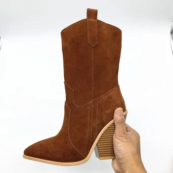 

Female 100% cow leather boots thick high Heels cowboys chelsea boots poined Toe Autumn Winter Botas Women Shoes size 41 42 43