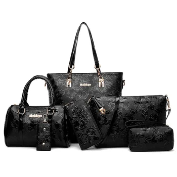 

2019 fashion Chinese style rose print women bag patent leather luxury women handbags 6 pieces / set Female package Shoulder Bags