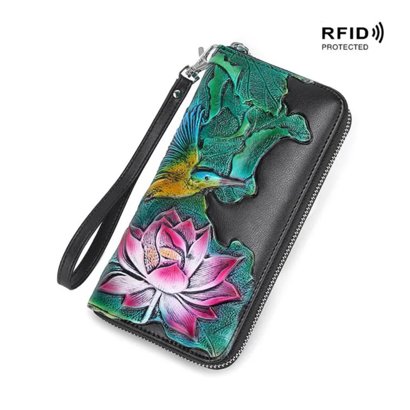 Западный женский кошелек из кожи с цветочным принтом и лосем, Rfid, модный многофункциональный длинный женский кошелек на молнии, Рождественский подарок - Цвет: Lotus