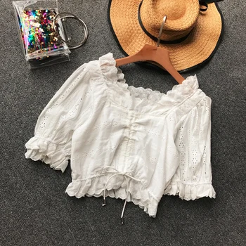 

2020 summer new lace women blouse short solid ruffles v-neck holiday beach style lady pulls outwear coat tops