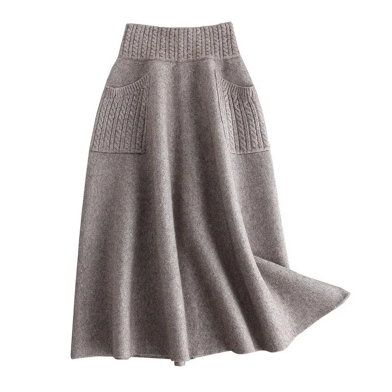 

2020 High Waist Women Winter Wool Knitting Long Skirts Faldas Jupe Femme Saia Vintage Women Black Skirt With Pocket