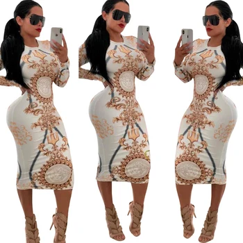 

Goocheer 2019 Women Dress Party Night Club Vintage dress Long Sleeve Print Wrap Hip Bodycon Cocktail Bandage dress Sexy Dresses