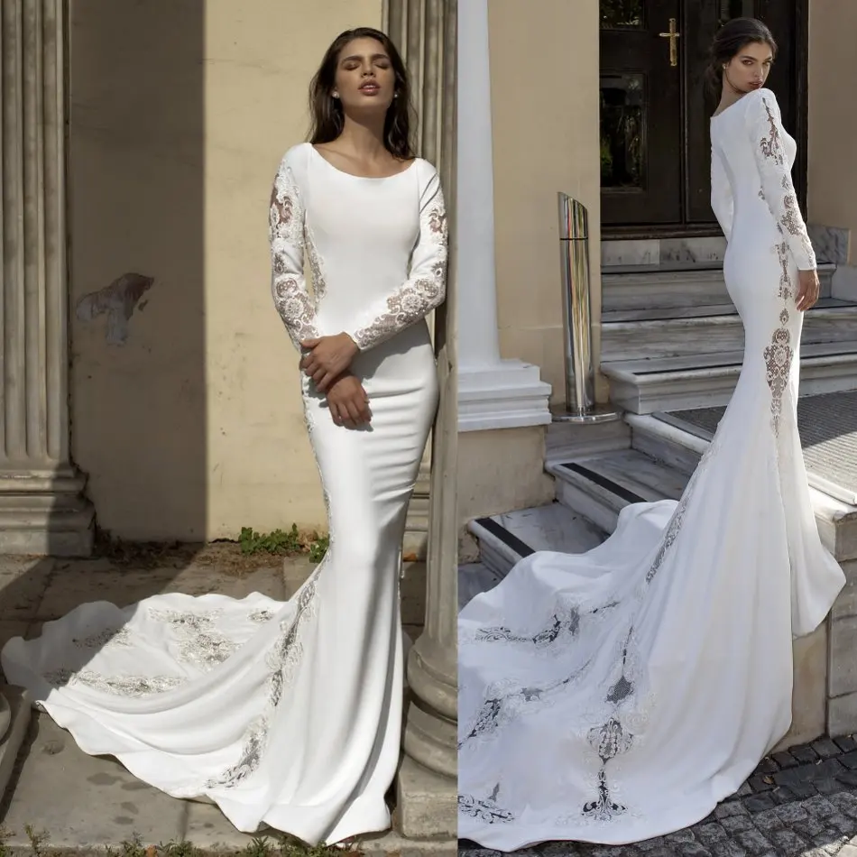 

2020 New Wedding Dresses Jewel Long Sleeves Lace Satin Bridal Gowns Custom Made Sweep Train Mermaid Wedding Dress