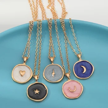 

Vintage Women Long Simple Stars Moon Heart Round Double Layer Golden Pendant Necklace Jewelry For Girl