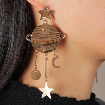 Asymmetrical Planet Earrings Female Creative Metal Star Moon Earrings for Women Long Gold Hoop Anime Earrings Kawaii Fashion