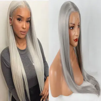 

Silver Grey Long Straight Synthetic 13*3 Inch Lace Front Wig Heat Resistant Fiber Hair Free Part Natural Hairline For Women Wigs