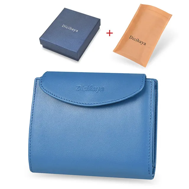 DICIHAYA Genuine Leather Women Wallet Coin Purse For Girls Female Small Portomonee Lady Purse Money Bag Card Holder Mini Clutch blue with box