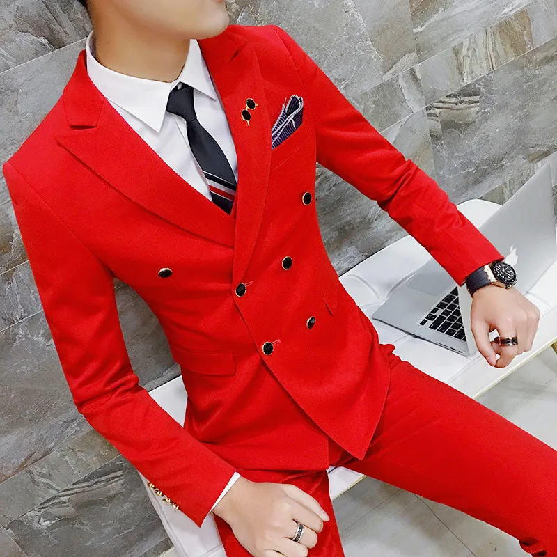 Blazer + Pant / 2020 Royal Men's Suit Groom Tuxedo Slim Fit 2-Pack Fashion Double-Breasted Pure Color Classic Men's Suit Hommes