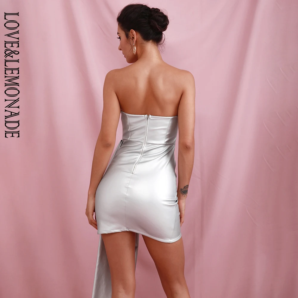 LOVE&LEMONADE Sexy Silver Bandeau V-Neck Double Streamers Cross PU Material Mini Party Dress LM82017 autumn/winter