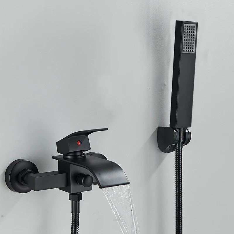 מט שחור אמבטיה ברז מפל מקלחת ברז קיר רכוב חם קר מים מיקסר אמבטיה כרום אמבטיה מקלחת ברז