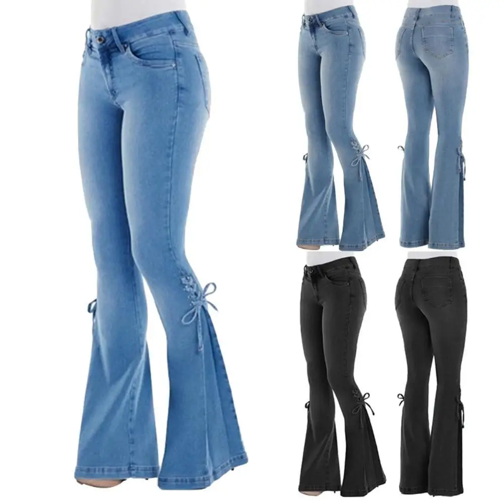 calças de brim de brim de cintura alta das mulheres do vintage calças de brim estiramento denim alargamento calças para as mulheres rendas até arco longo perna larga flare jeans