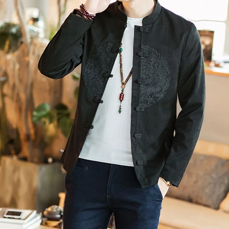 Dragon Bomber Jacket Male Traditional Chinese Coat Jacket Clothing For Men Mandarin Collar Oriental Jackets KK3149