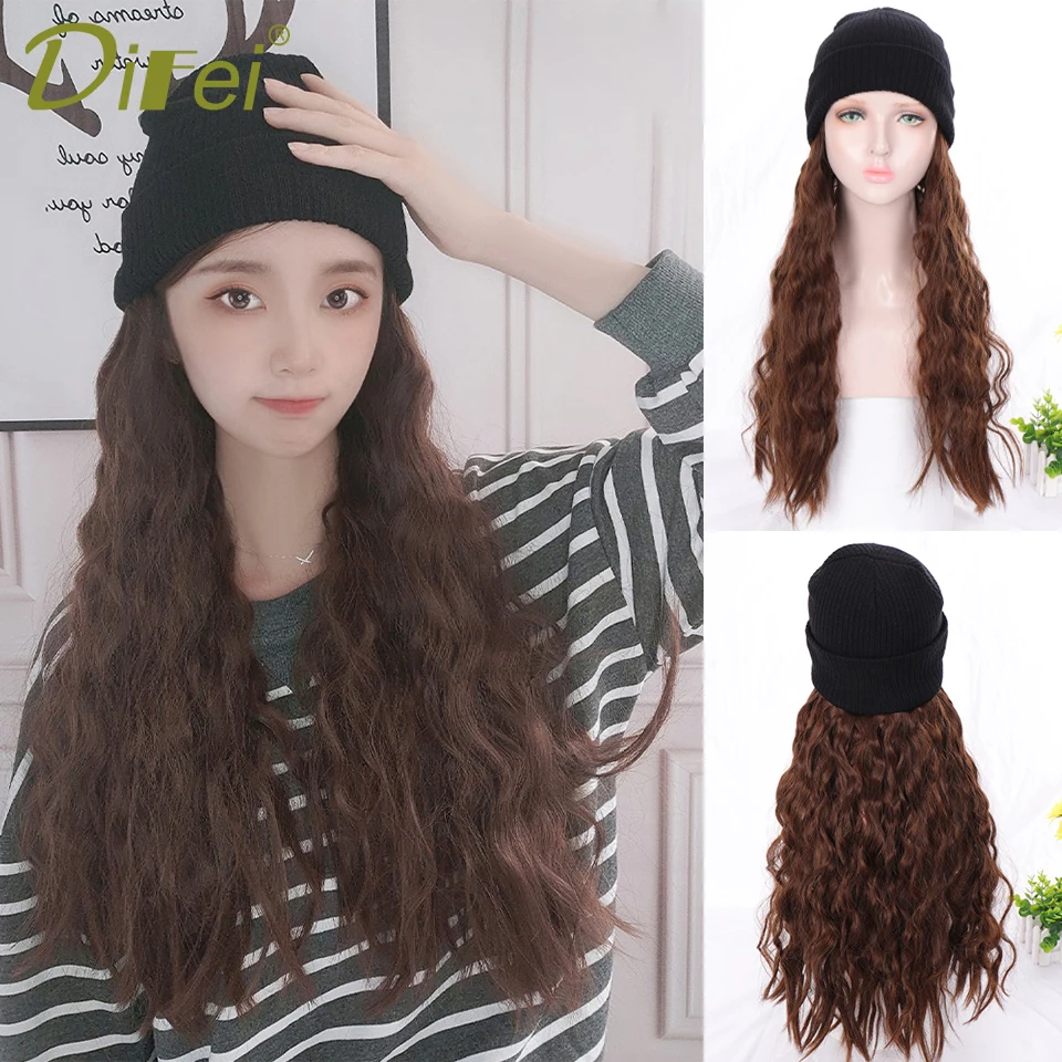 DIFEI Long Curly Hat Wig Hair And Hat In One Wig Knitted Hat Synthetic