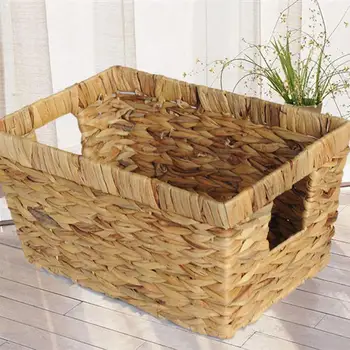 

Natural Straw Rectangular Desktop storage basket Wire Handles Decor Seagrass Woven Wicker Basket Organizing Shelves