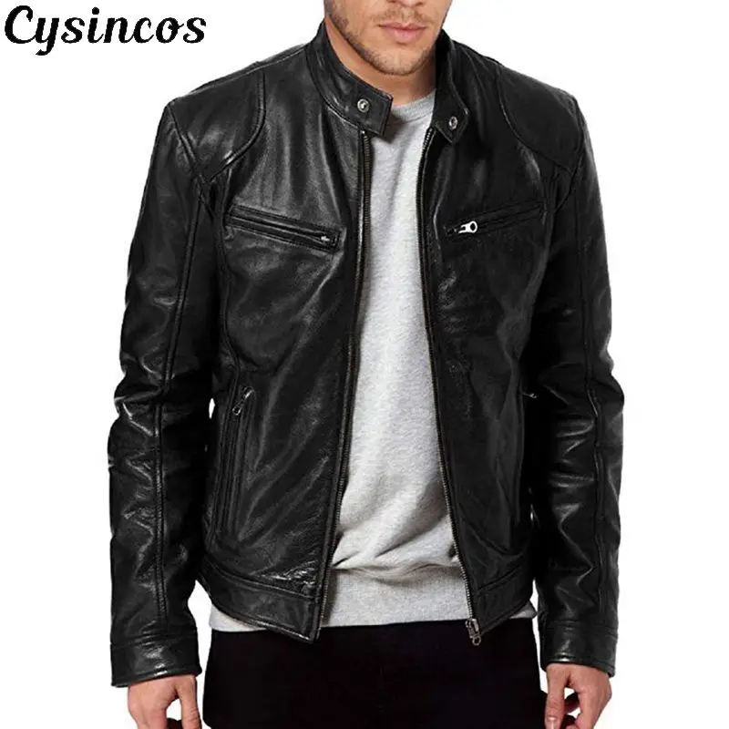 Мужская кожаная куртка на молнии CYSINCOS Байкерская Повседневная бархатная с
