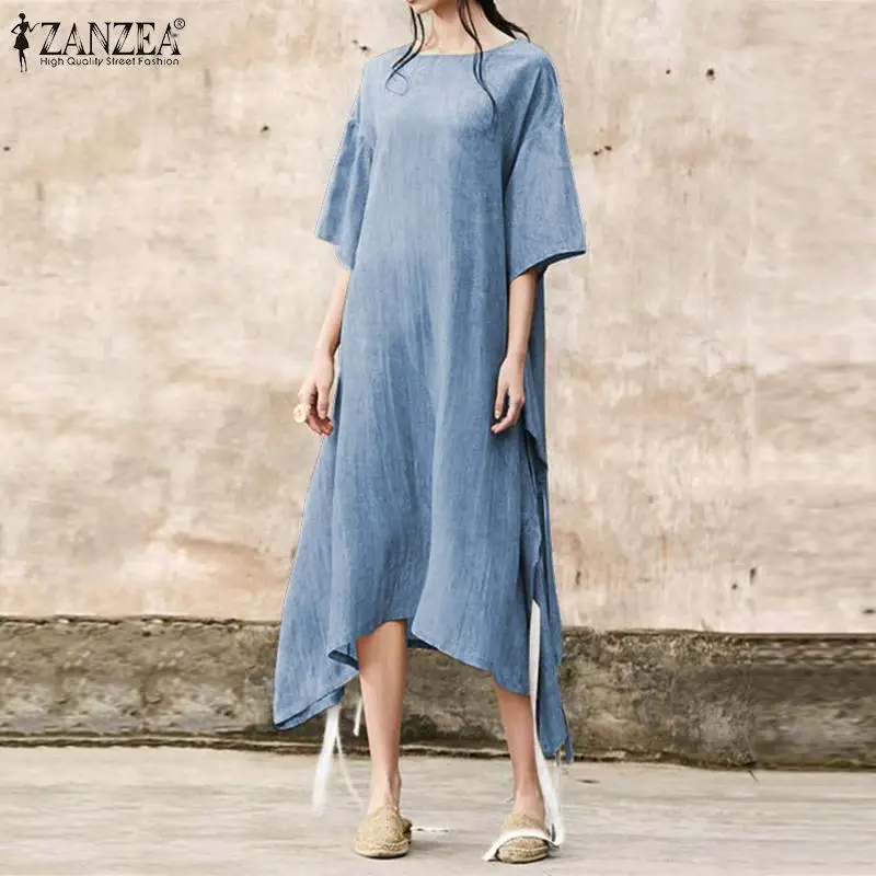 

ZANZEA Summer Vintage Women Half Sleeve Dress Casual Lace Up Sundress Loose Kaftan Robe Party Vestido Femme Solid Midi Dress