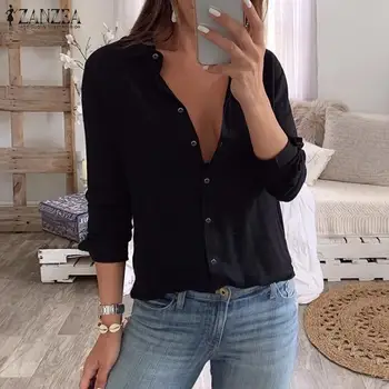 

2020 Fashion ZANZEA Women Tops Blouses Ladies Office Work OL Shirt Casual Solid Cotton Blusas Tunic Tops Chemiser Mujer Oversize
