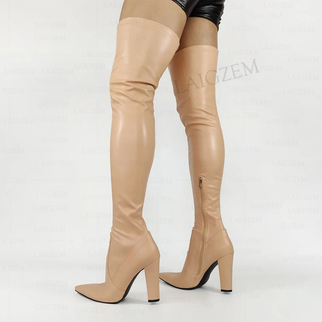 

LAIGZEM Women Thigh High Boots Pointed Toe Faux Leather Chunk Heels Boots Over Knee Party Ladies Shoes Woman Big Size 41 45 47