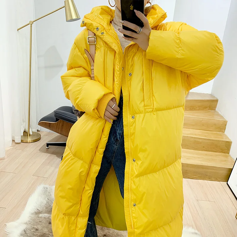 YNZZU однотонное длинное стильное зимнее женское пальто Новинка с капюшоном плотное теплое 90% белое пуховое пальто женская уличная куртка A1387 - Цвет: Цвет: желтый