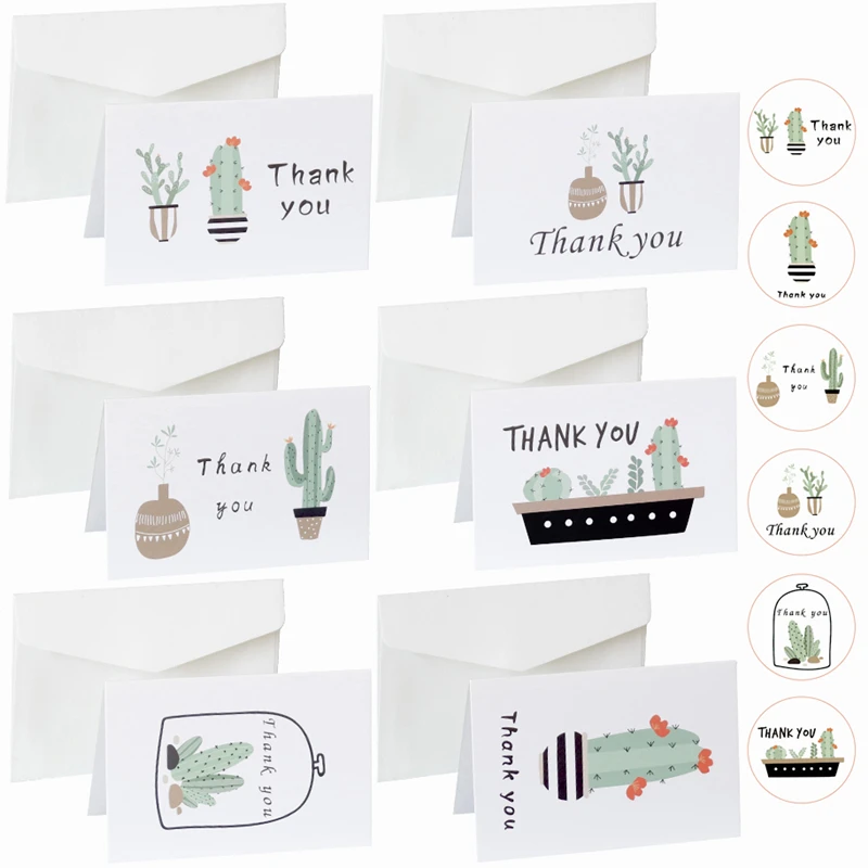 Tarjeta de agradecimiento de Cactus para fiesta de cumpleaños, conjunto de tarjetas de felicitación con pegatina de sobre, bricolaje, banco dentro de la tarjeta postal, 6 juegos