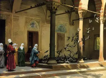 

Handmade Art Paintings by Teachers - Harem Women Feeding Pigeons in a Courtyard Arabic Jean Leon Gerome - Oil Painting on Canvas