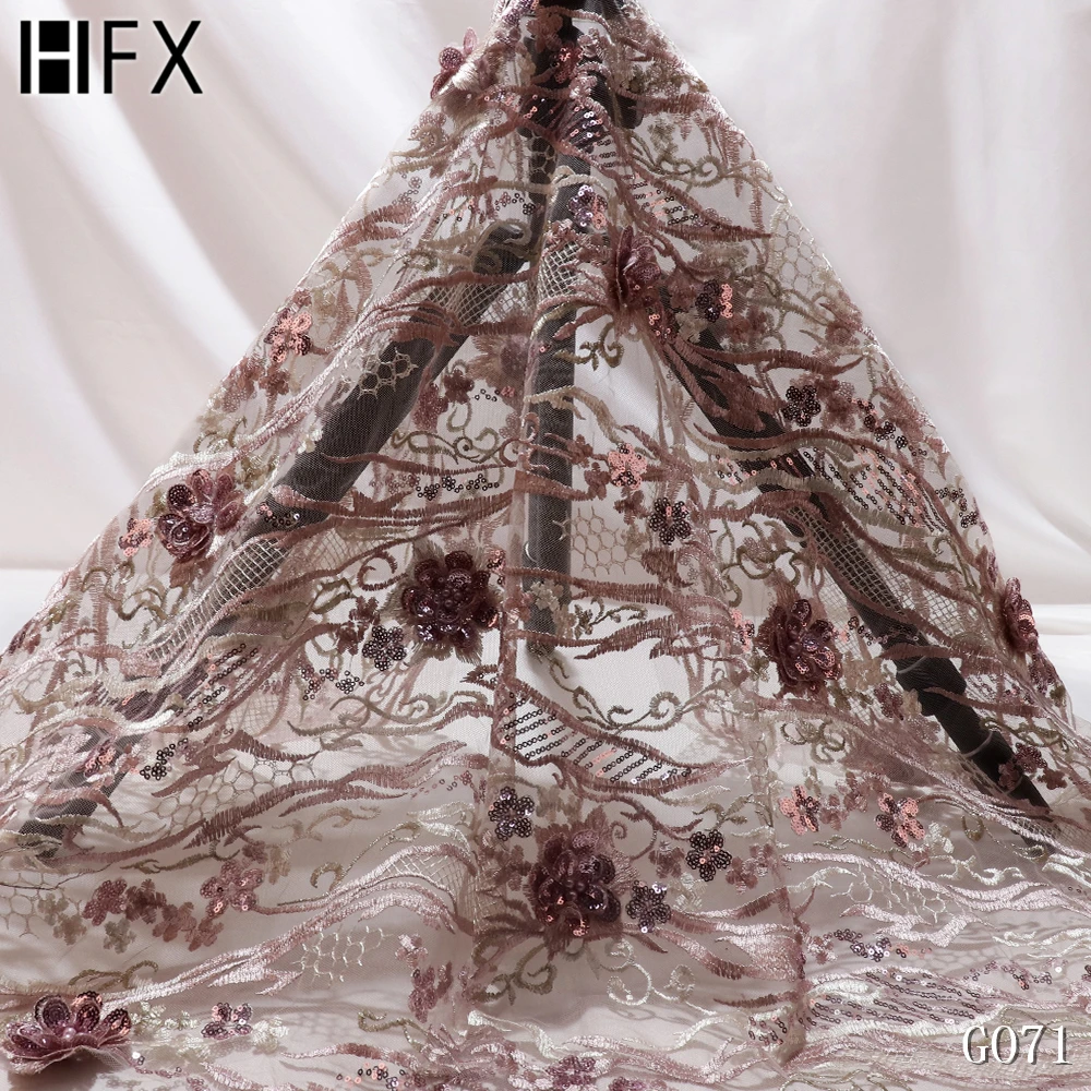 HFX Latest 3D flower Sequins Lace Fabrics High Quality African French Tulle Mesh Lace Fabrics with Sequin for Wedding dress G071