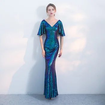

Long Party-Dress Evening-Dresses-Long Elegant Sequins Robe De Soiree V-neck Shining Mermaid Formal Occasion Prom Gowns Christmas